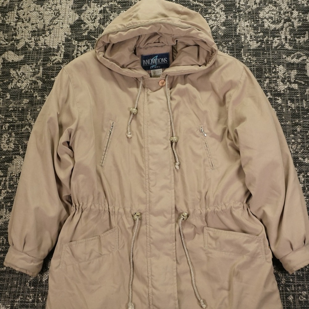 Innovations By Izzi Womens Jacket Small Beige Hooded Anorak Drawstring Waist Y2K